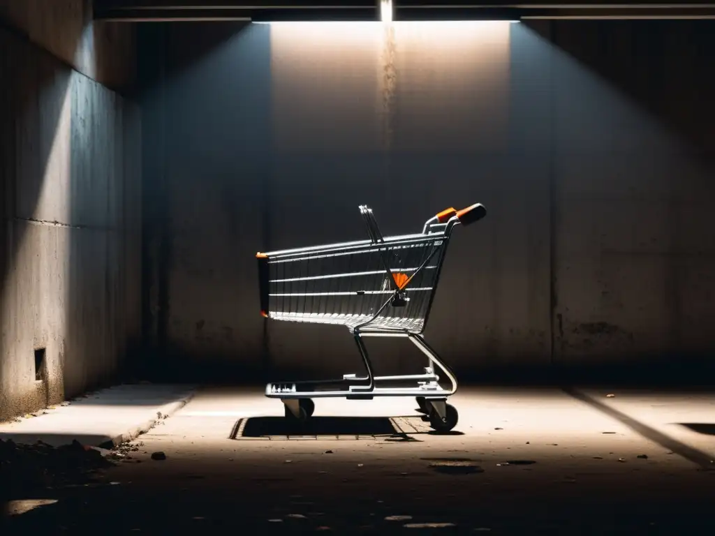 Imagen impactante en blanco y negro de un carrito de compras abandonado en un callejón oscuro, iluminado por un único rayo de luz desde arriba