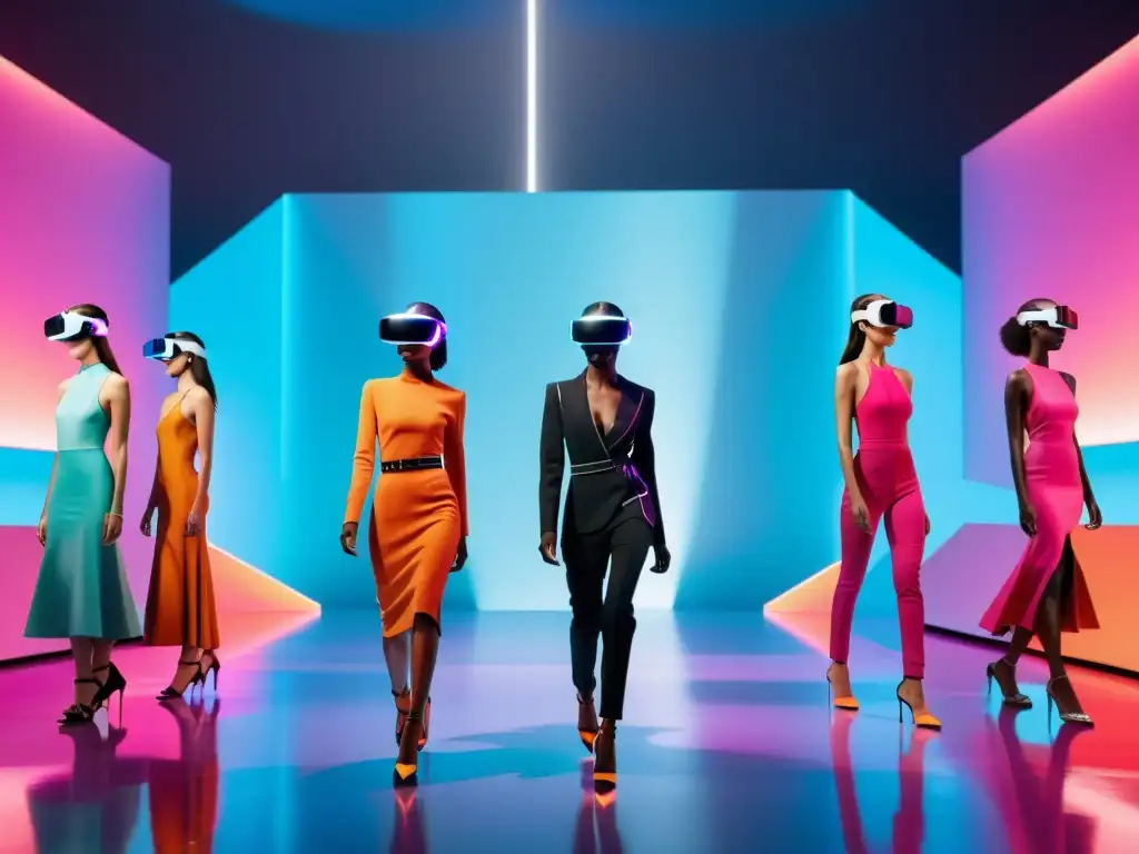 Imagen impactante de un desfile de moda virtual con modelos y asistentes virtuales, reflejando la innovación de eventos de moda en línea