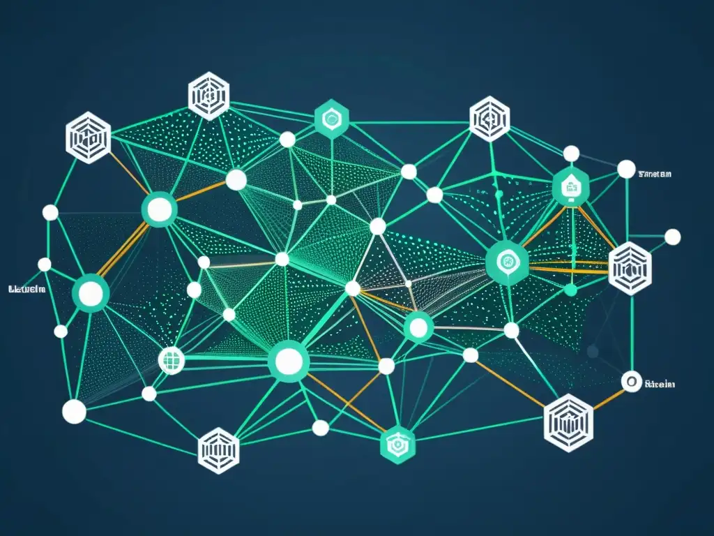 Una imagen impactante de redes blockchain interconectadas formando una red perfecta, con detalles de transferencia de datos y encriptación visibles