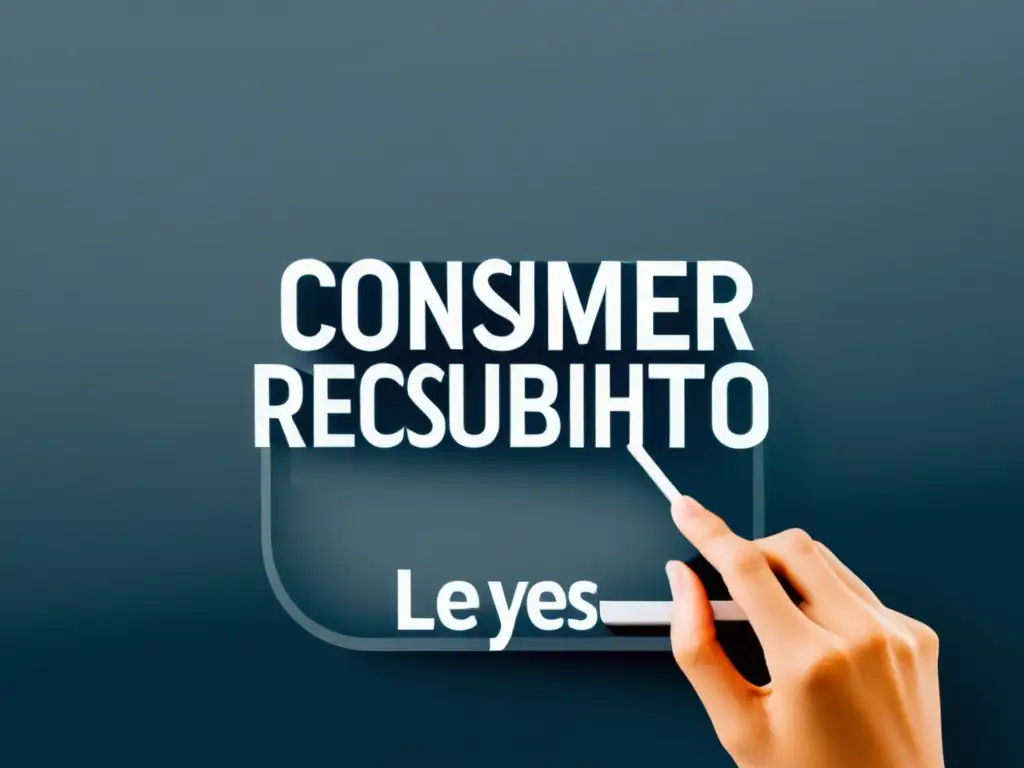 Imagen minimalista de dispositivo digital con superposición de texto legal sobre derechos del consumidor en comercio electrónico