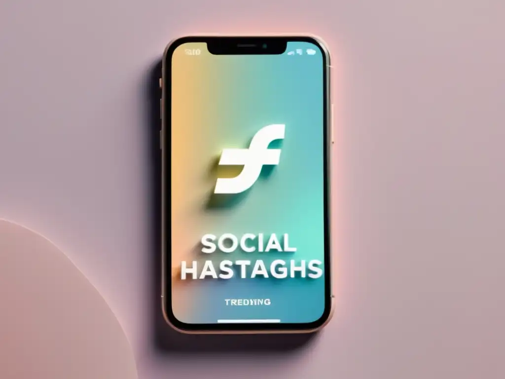 Imagen minimalista de pantalla de smartphone con estrategias hashtags para mejorar visibilidad en redes sociales, tonos suaves y profesionales