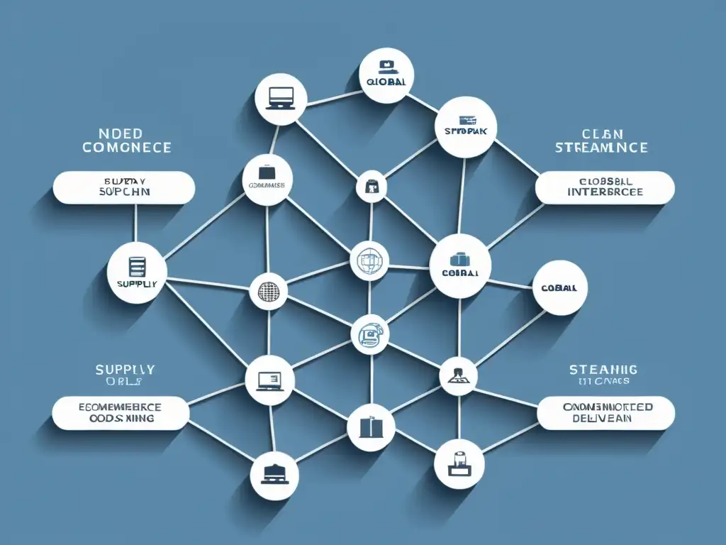 Una imagen minimalista de una red global de cadena de suministro ecommerce, simbolizando la optimización y eficiencia en el flujo de bienes