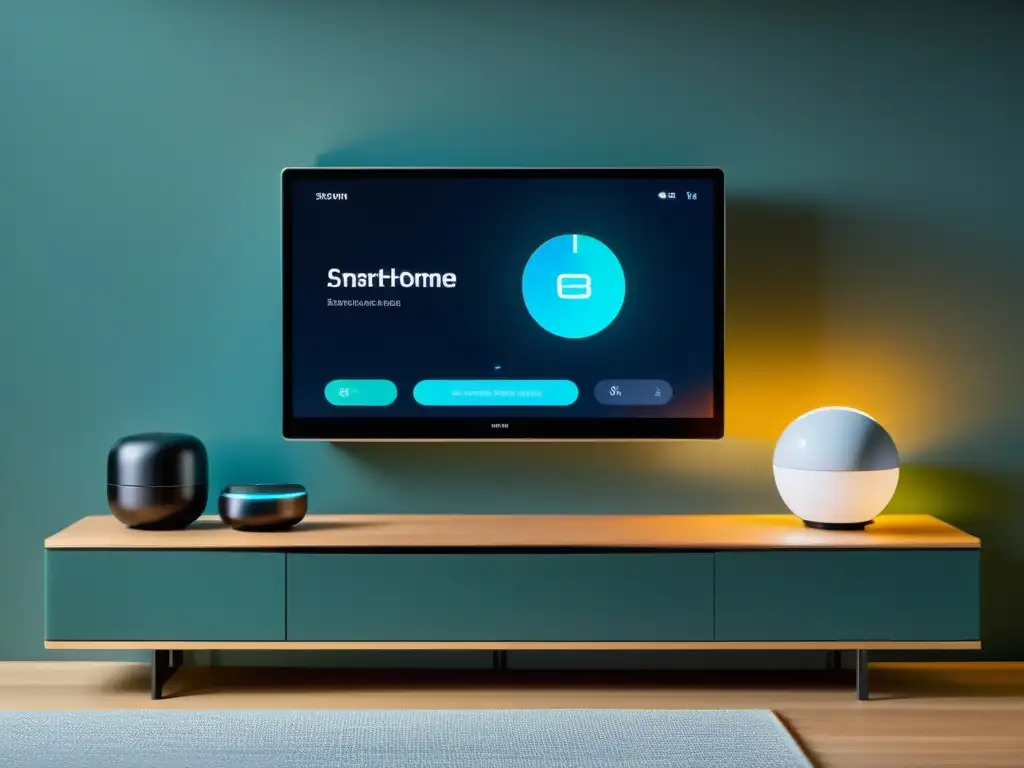 Una imagen minimalista de un sistema de hogar inteligente futurista con dispositivos interconectados y tecnología IoT integrada