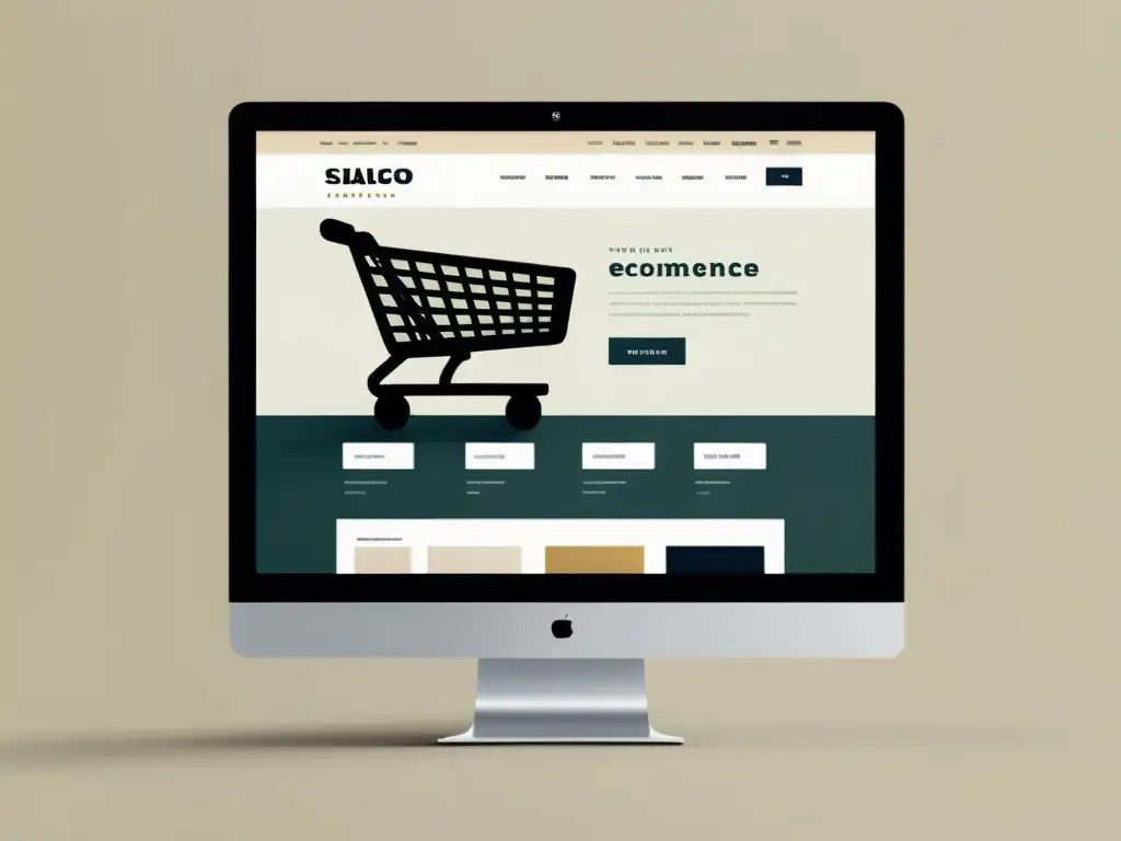 Una imagen minimalista de un sitio web de comercio electrónico moderno, con líneas limpias y tonos suaves