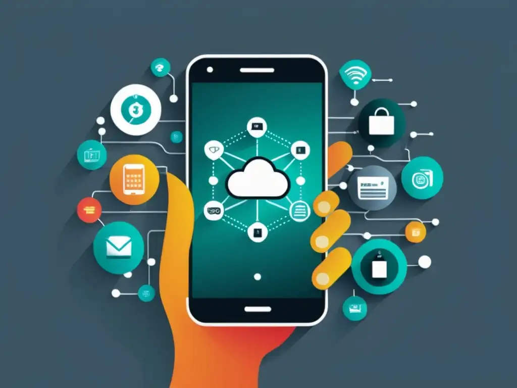 Imagen minimalista de smartphone rodeado de dispositivos IoT, con señales de datos fluyendo entre ellos