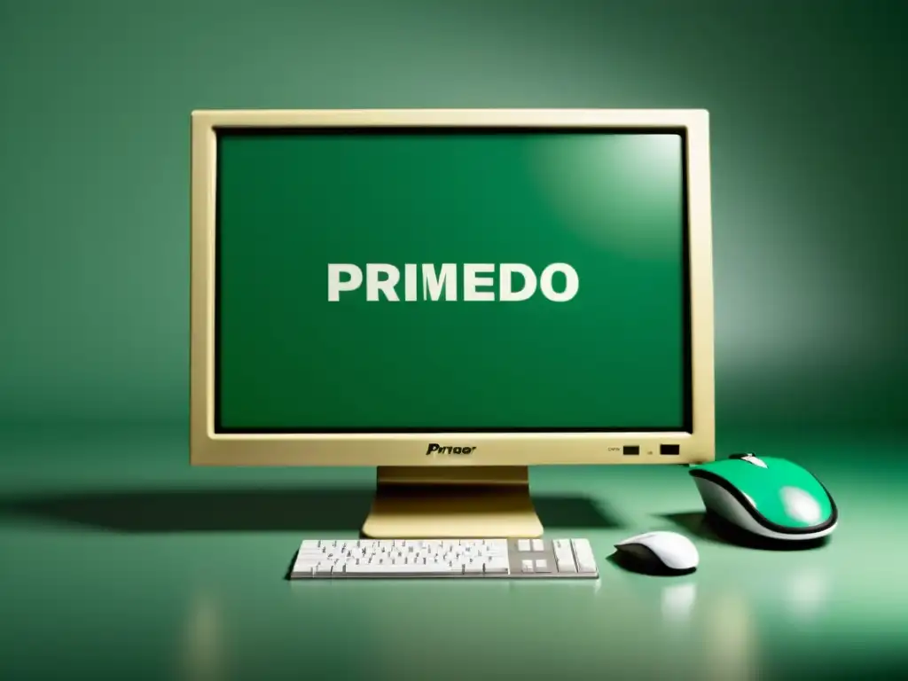 Imagen de un monitor vintage con la frase 'primer pedido online' en verde retro y un mouse moderno