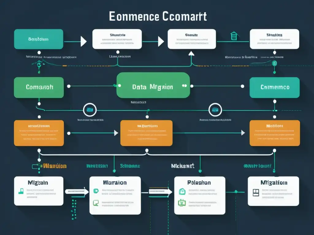 Una imagen nítida en 8k de un elegante y moderno flujo de migración de plataformas de ecommerce, con intrincados caminos y nodos representando la migración de datos, impacto SEO y estrategias de mitigación