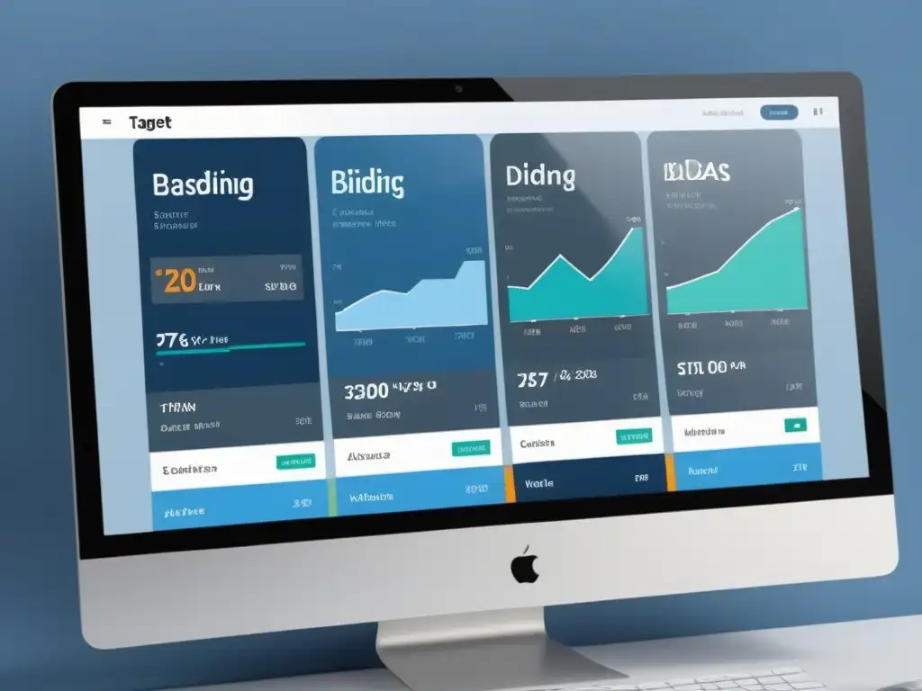 Imagen de pantalla de ordenador con dashboard de estrategias de pujas automáticas para ecommerce en tonos azules y grises