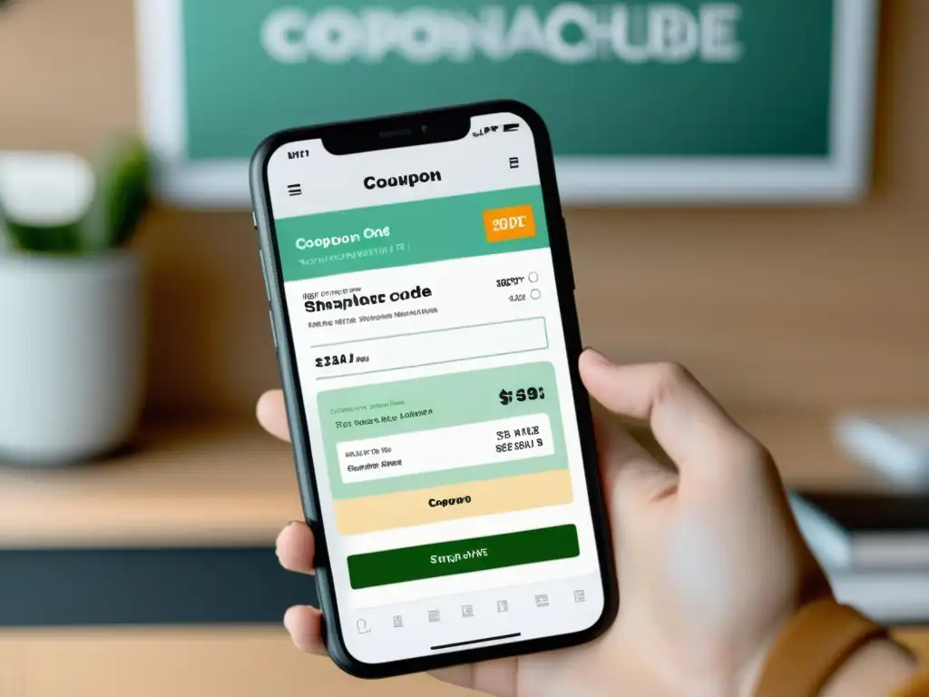 Imagen de pantalla de smartphone moderno con cupón personalizado aplicado en el checkout en línea