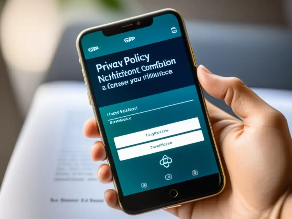 Imagen de pantalla de smartphone con notificación de política de privacidad y cumplimiento de GDPR