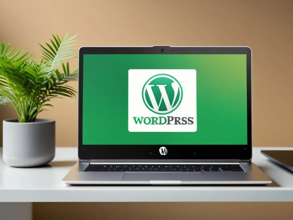 Imagen de portátil moderno mostrando el dashboard de WordPress con WooCommerce en un espacio limpio