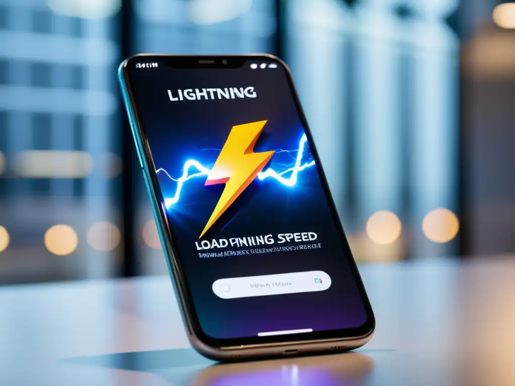 Imagen de alta resolución de un smartphone futurista mostrando velocidad de carga de página web ultrarrápida, imágenes de producto de alta definición y una interfaz amigable