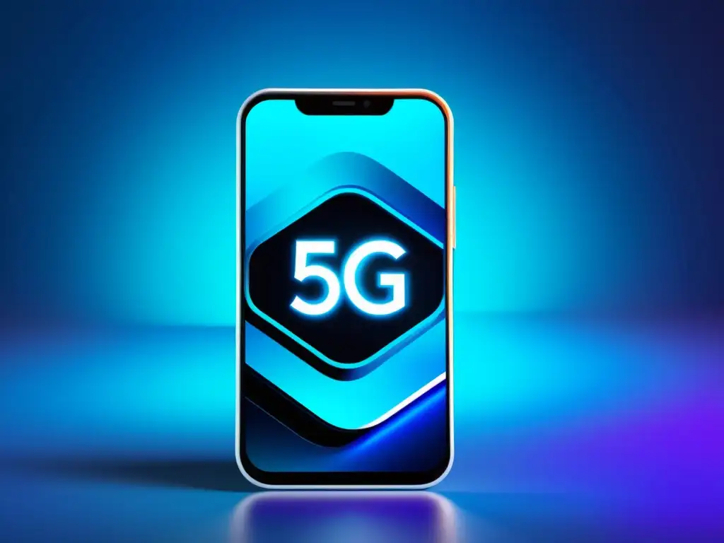 Imagen de un smartphone futurista con ícono 5G en pantalla, rodeado de líneas abstractas