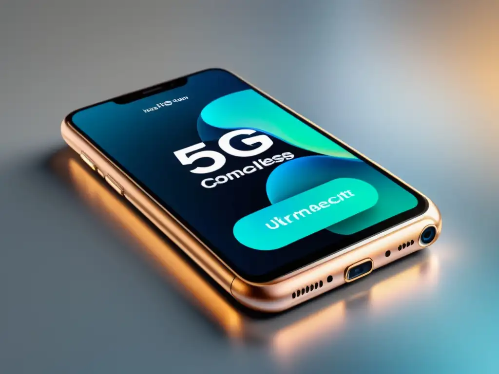 Imagen de un smartphone futurista con conexión 5G y una interfaz de comercio electrónico moderna, transmitiendo innovación y progreso tecnológico