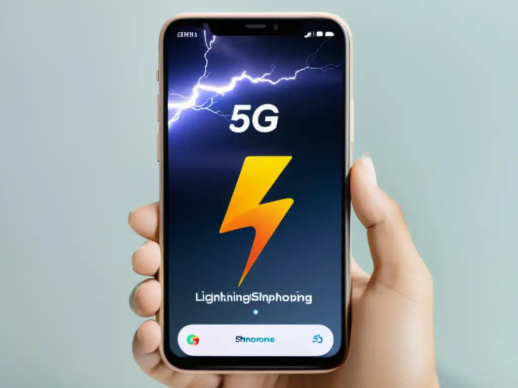 Imagen de un smartphone futurista con conexión 5G y sitio web de comercio electrónico, transmitiendo eficiencia y velocidad para aumentar conversiones