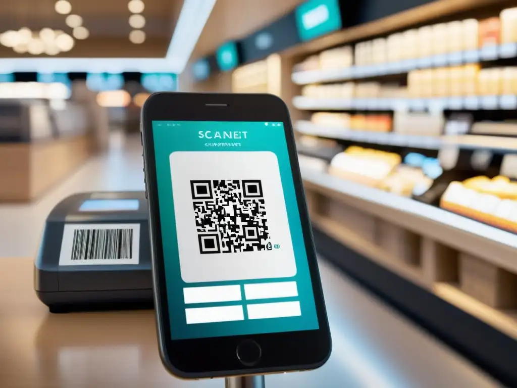 Imagen de un smartphone moderno mostrando un código de barras escaneado en caja