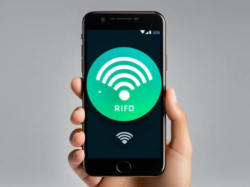 Imagen de smartphone moderno con símbolos de RFID y NFC iluminados