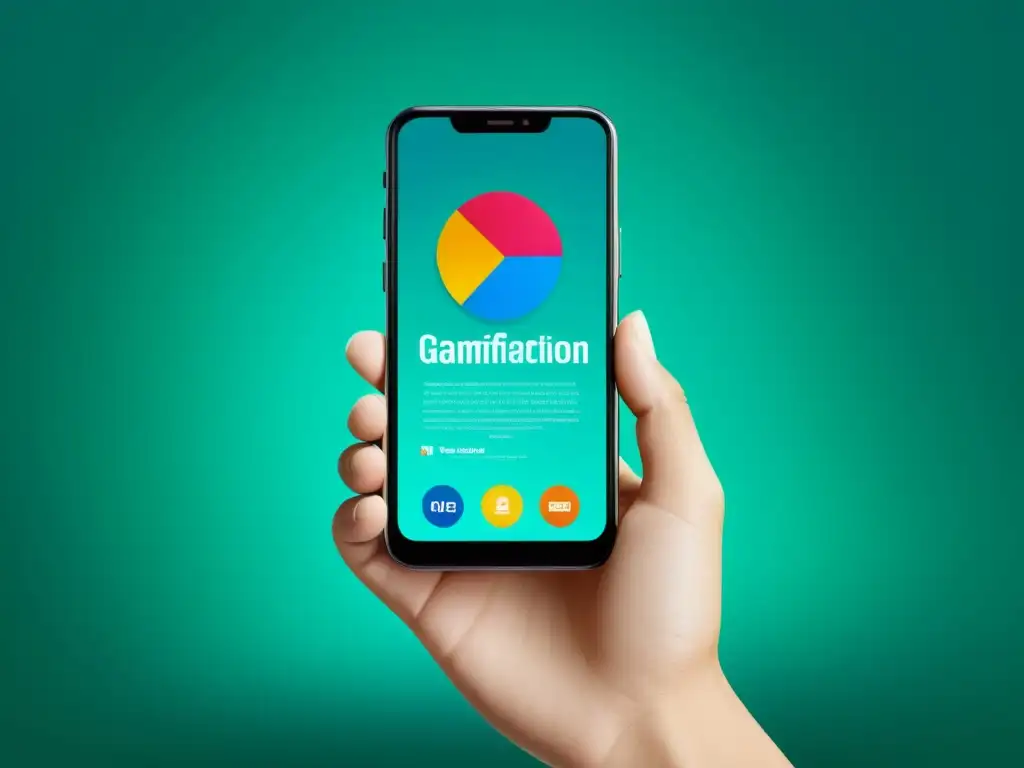 Imagen de smartphone con publicidad gamificada vibrante, en manos de un profesional en un entorno moderno y profesional