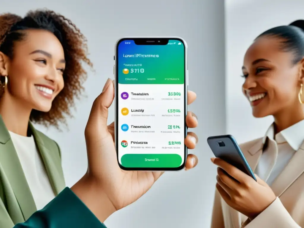 Imagen de teléfono moderno mostrando inclusión financiera en ecommerce con diversidad de personas en pantalla de alta resolución