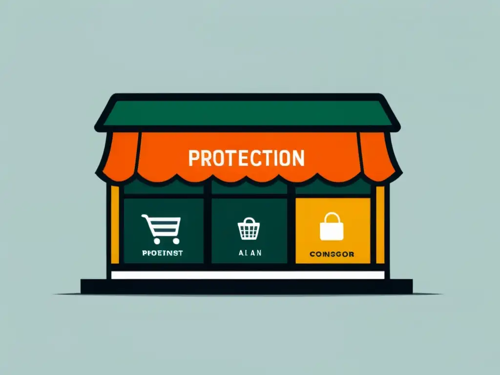 Imagen de una tienda digital minimalista, con diseño moderno y colores suaves, destacando la 'protección al consumidor' y certificaciones éticas