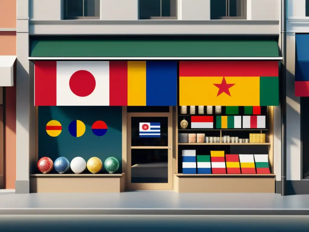 Una imagen de una tienda minimalista con símbolos culturales y banderas en las ventanas, representando un mercado global