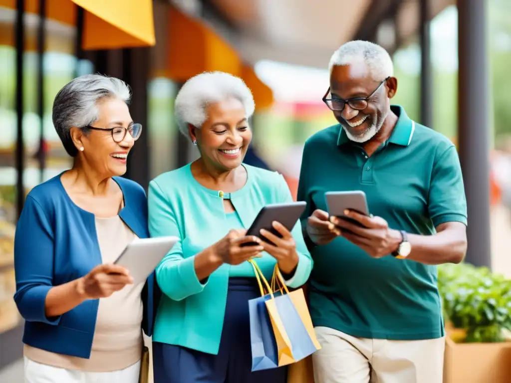 Una imagen vibrante de personas mayores usando dispositivos electrónicos para realizar compras en línea, promoviendo la inclusión financiera en la tercera edad