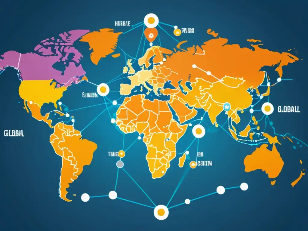 Impacto de la economía colaborativa en el comercio electrónico global, representado por una red de nodos interconectados en un mapa mundial