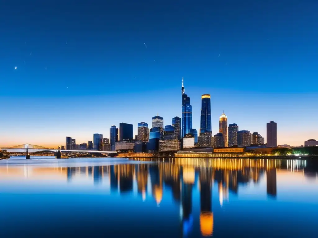 Imponente ciudad moderna al anochecer, reflejada en un río tranquilo, con rascacielos elegantes y sombras largas