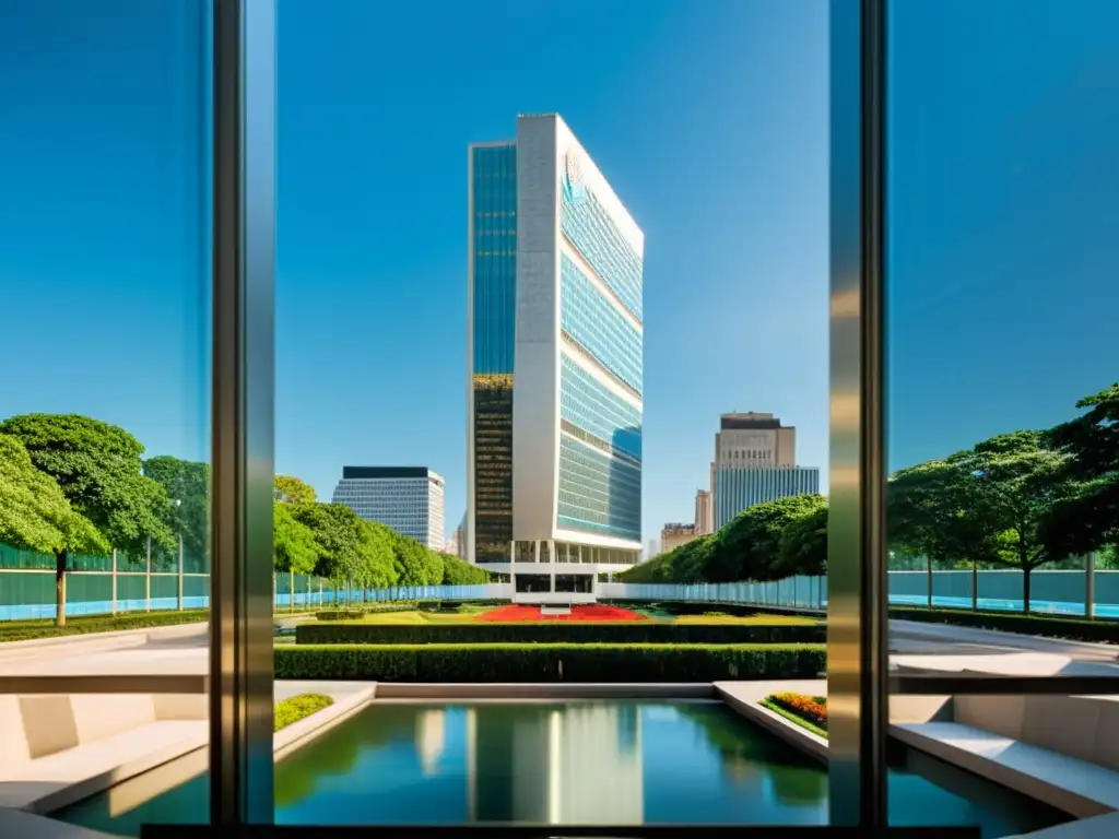 Imponente edificio de las Naciones Unidas en Nueva York, reflejando el paisaje urbano