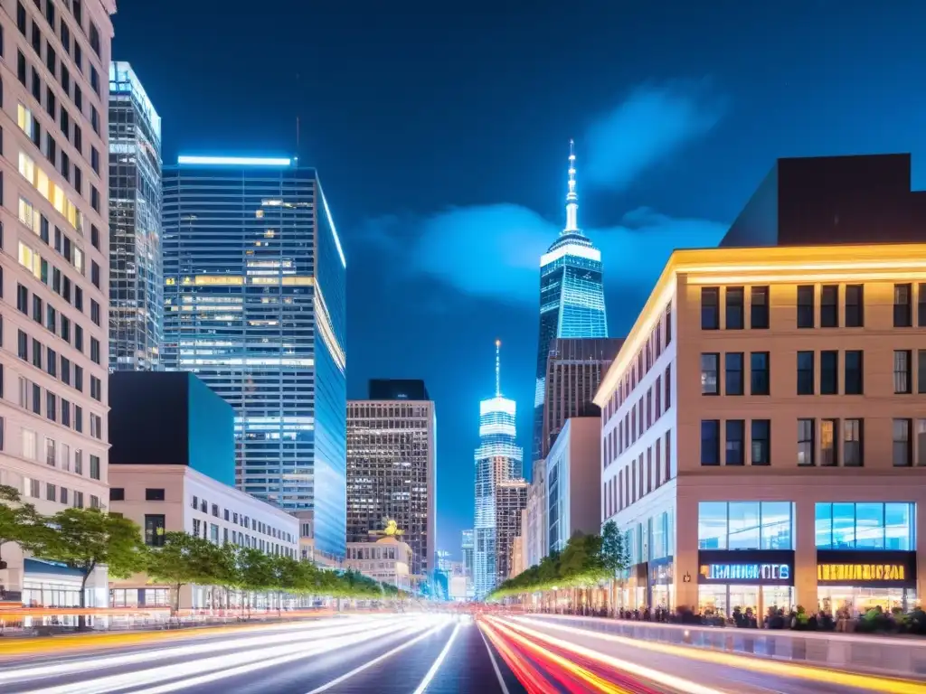 Impresionante ciudad nocturna con rascacielos modernos iluminados por luces vibrantes, capturando la energía de un centro urbano próspero