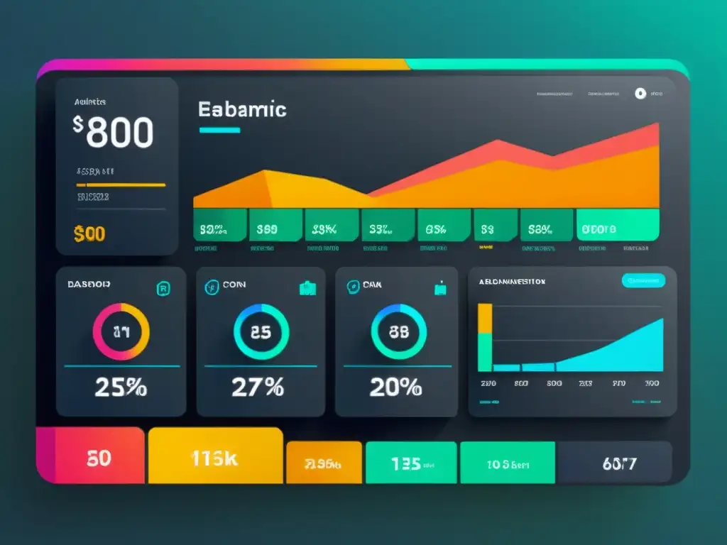 Un impresionante panel de análisis avanzado para optimizar ecommerce, con visualizaciones de datos geométricas y colores dinámicos