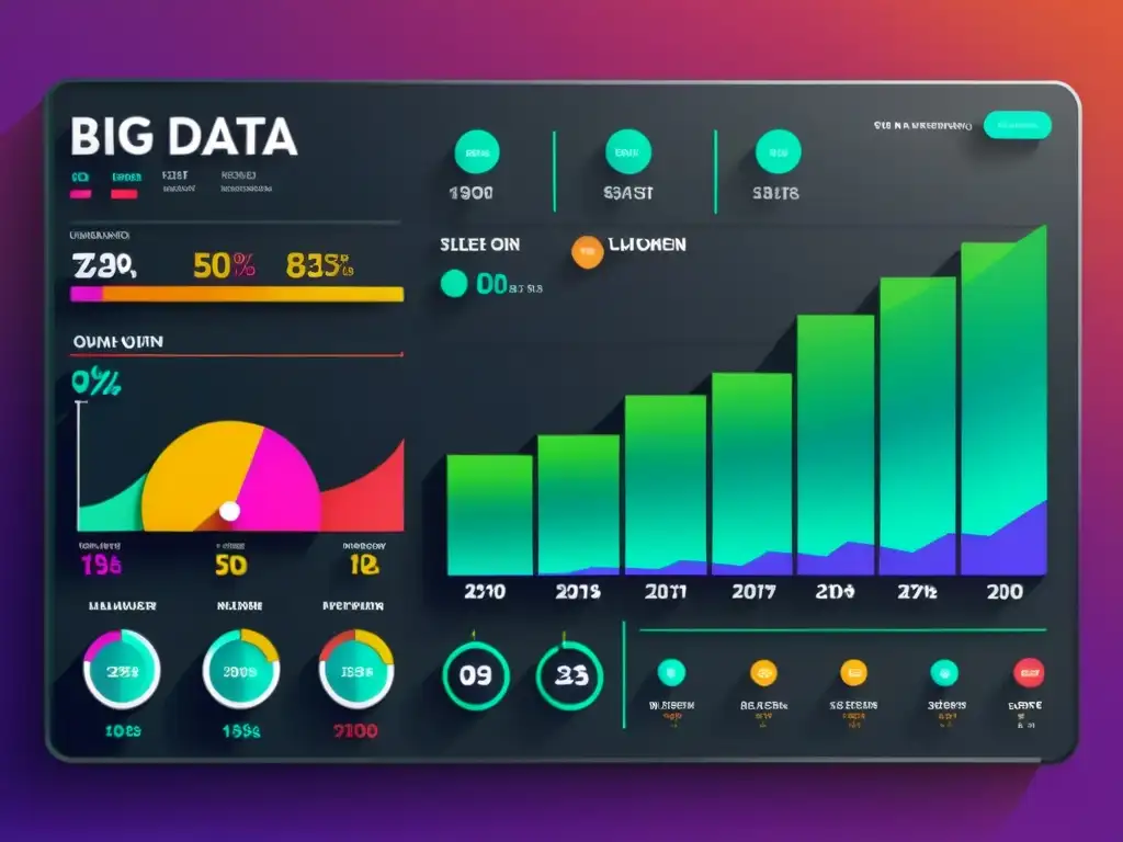 Un impresionante panel de visualización de datos futurista ilustra el impacto del big data en el influencer marketing en ecommerce, con gráficos detallados y colores vibrantes