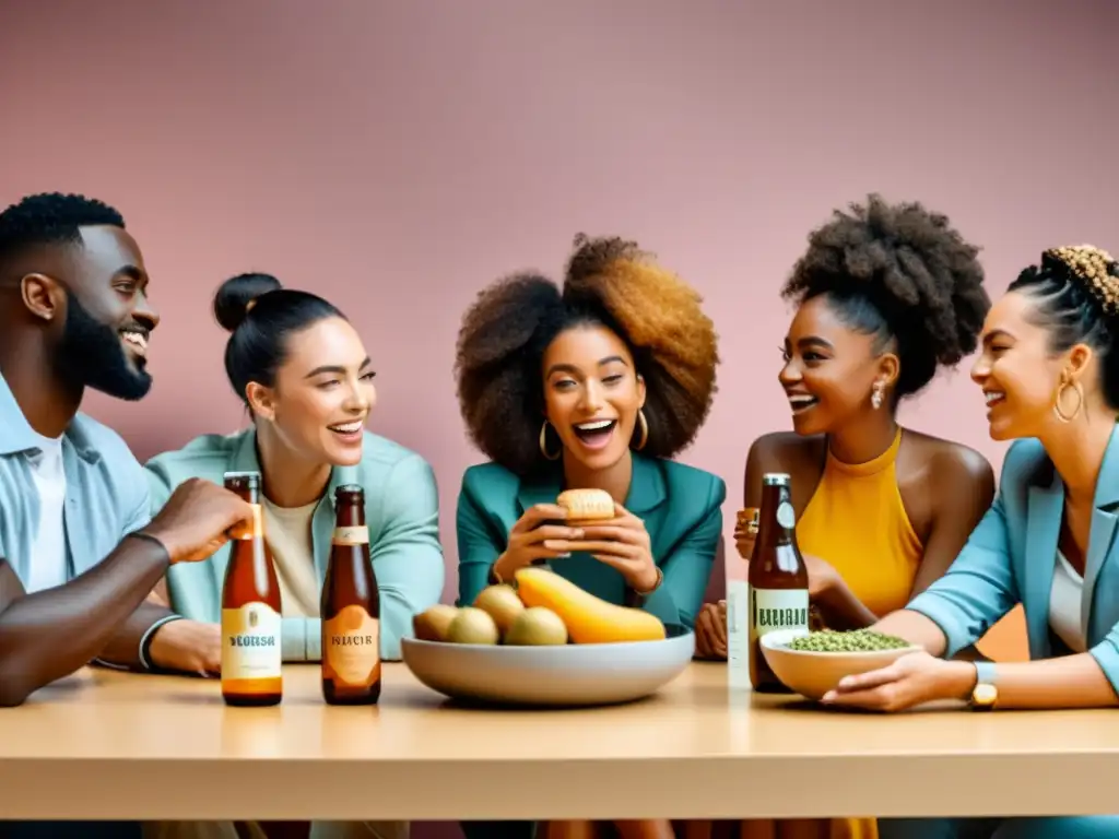 Influencers en compra online alimentos: Grupo diverso disfruta y discute con productos en estilo minimalista 8k