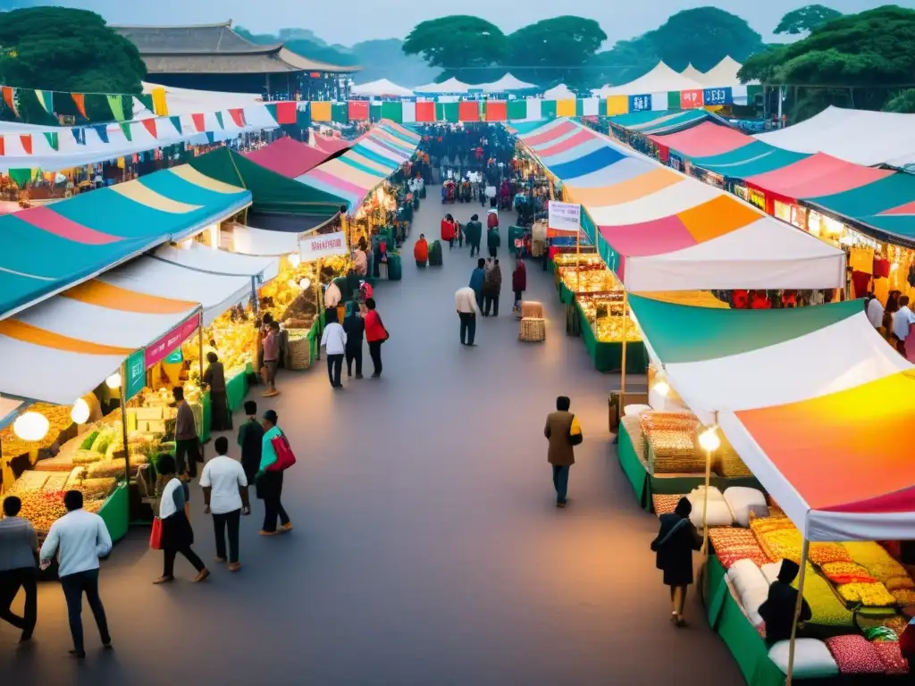 Influencia y diversidad en un bullicioso mercado emergente, con clientes y vendedores entre coloridos banners de eventos globales de descuentos