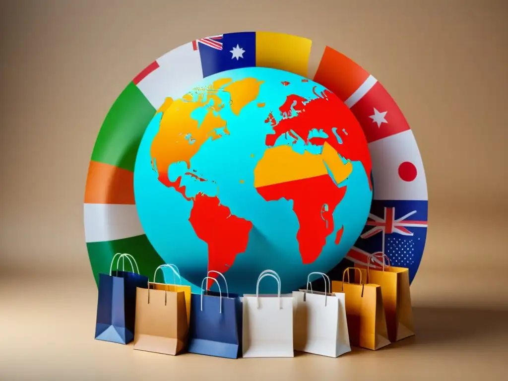 Influencia global de eventos de descuento en el ecommerce, representada por un globo rodeado de bolsas de compras de diferentes países