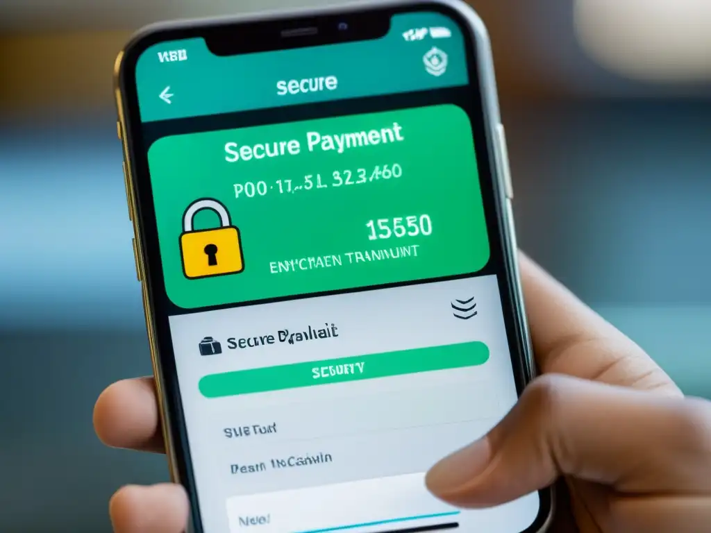 Influencia de métodos de pago seguro en la compra online: transacción segura en smartphone moderno, con interfaz intuitiva y datos encriptados