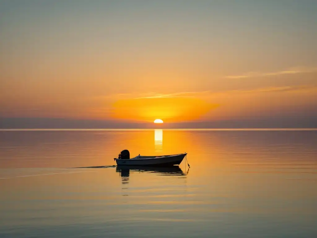 Influencia del precio de referencia: Un bello atardecer sobre el mar, con un pequeño bote en la distancia, transmite serenidad y calma