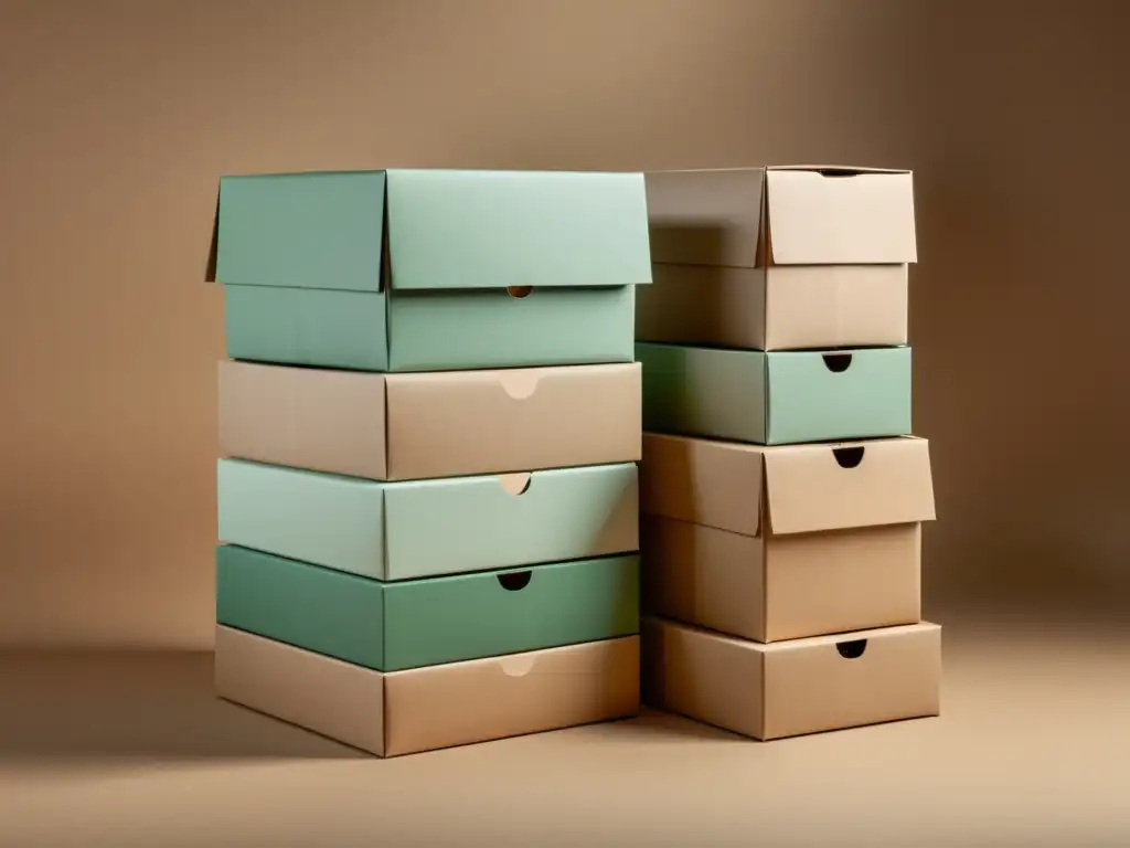 Innovaciones sostenibles envases ecommerce: Una pila de cajas ecológicas con diseño minimalista y colores suaves, transmitiendo sustentabilidad e innovación