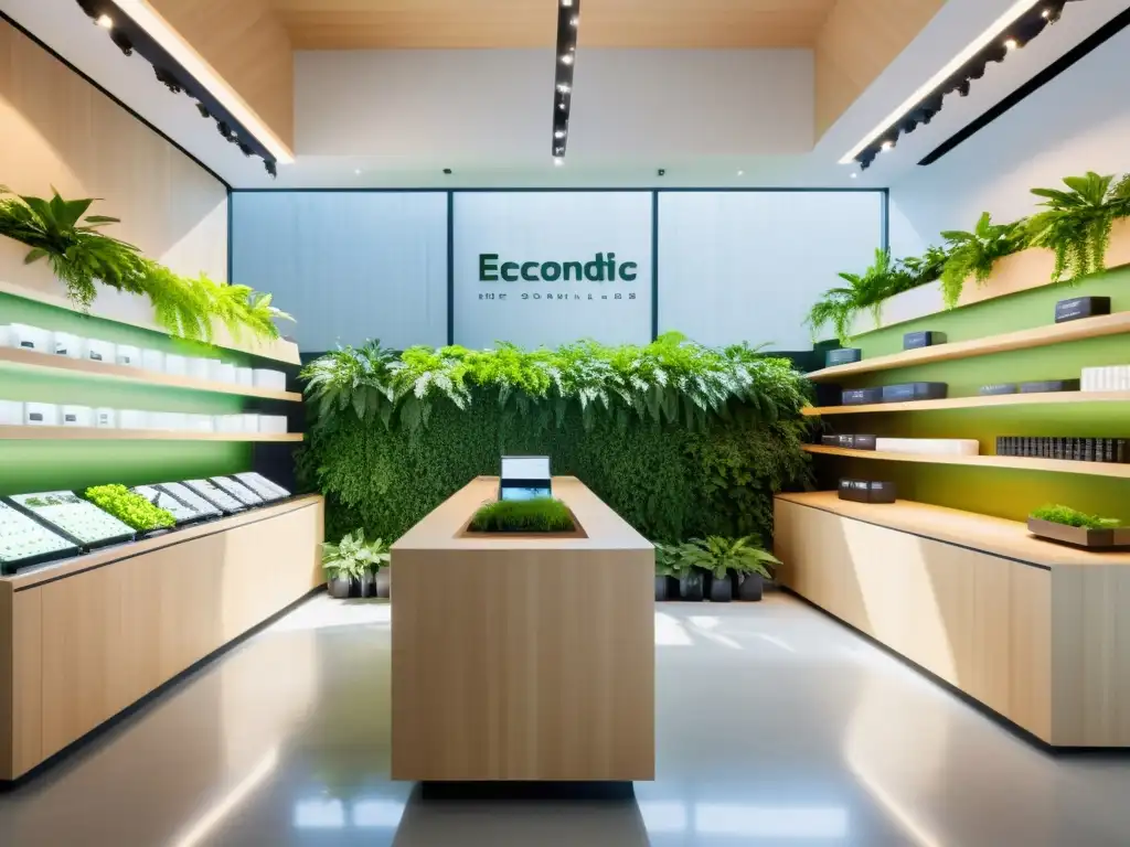 Innovaciones tecnológicas en comercio verde: tienda futurista ecológica con diseño sostenible, vegetación exuberante y luz natural armoniosa