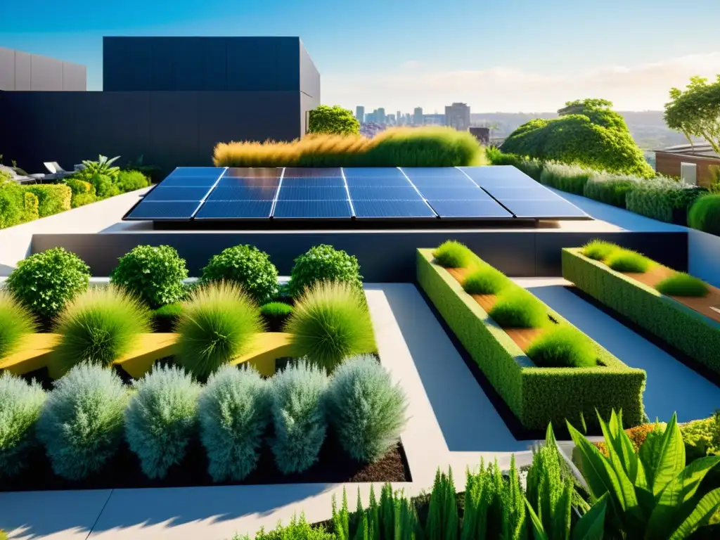 Innovaciones tecnológicas comercio verde: Jardín de techo verde con paneles solares modernos, creando un oasis urbano sostenible y pacífico