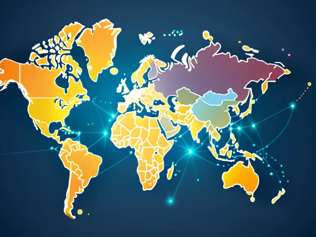 Innovaciones tecnológicas en ecommerce transfronterizo: Mapa global minimalista con nodos interconectados representando transacciones internacionales, evocando integración global