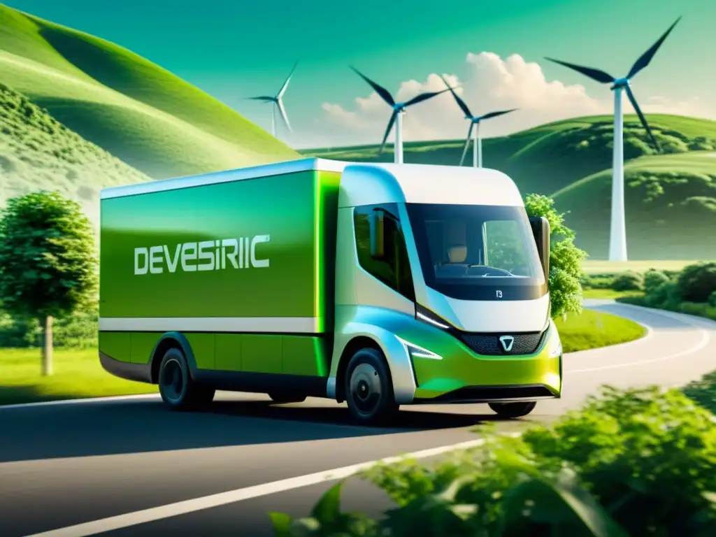 Innovaciones en transporte logística cadena verde: Camión eléctrico futurista en paisaje verde con turbinas eólicas al fondo