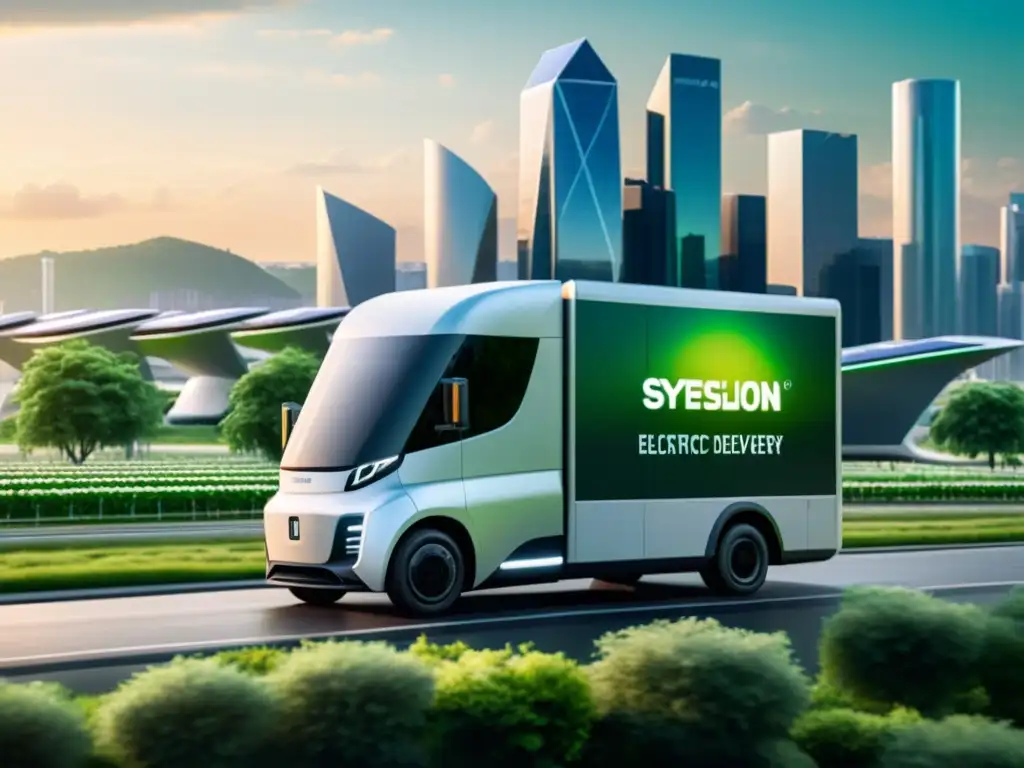 Innovaciones de transporte logística cadena verde: Camión eléctrico recorriendo un paisaje verde con paneles solares y tecnologías innovadoras