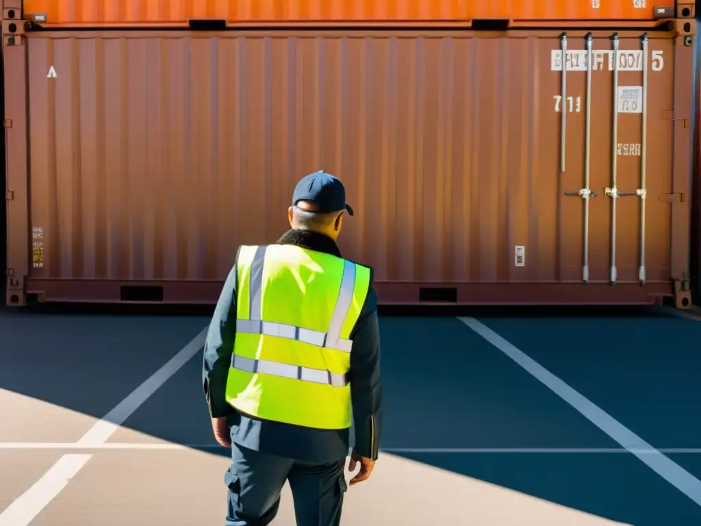 Inspección minuciosa en la frontera de contenedores, reflejos de luz natural crean dramáticas sombras