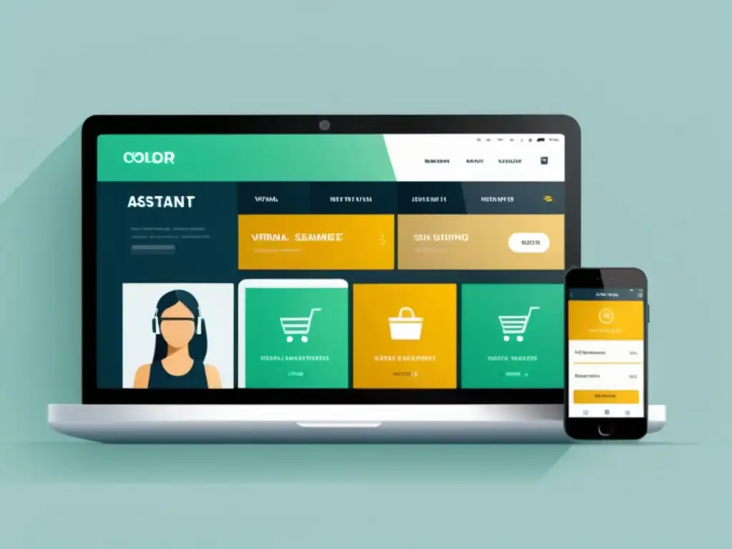 Integración sofisticada de asistentes virtuales IA en plataforma de comercio electrónico, enfocada en la armonía entre tecnología y comercio