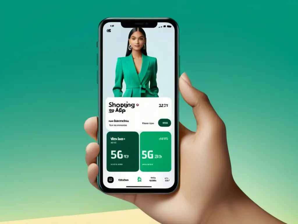 Interfaz de app de compras personalizada en smartphone, con imágenes vibrantes y recomendaciones