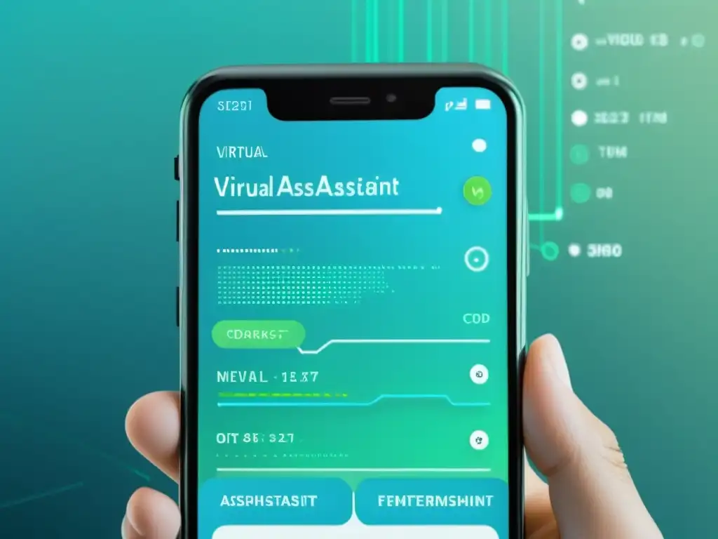 Interfaz de asistente virtual en smartphone, con código y visualizaciones de datos