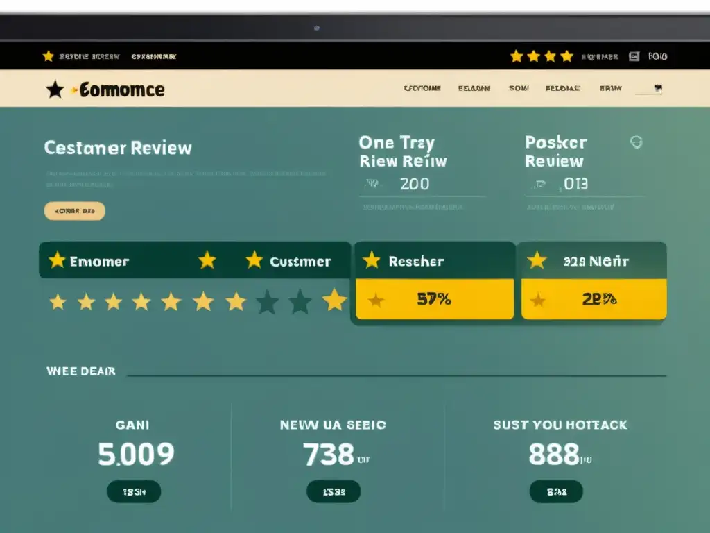 Interfaz de comercio electrónico moderna y pulida con sección de reseñas destacada, transmitiendo análisis de sentimiento en comercio electrónico