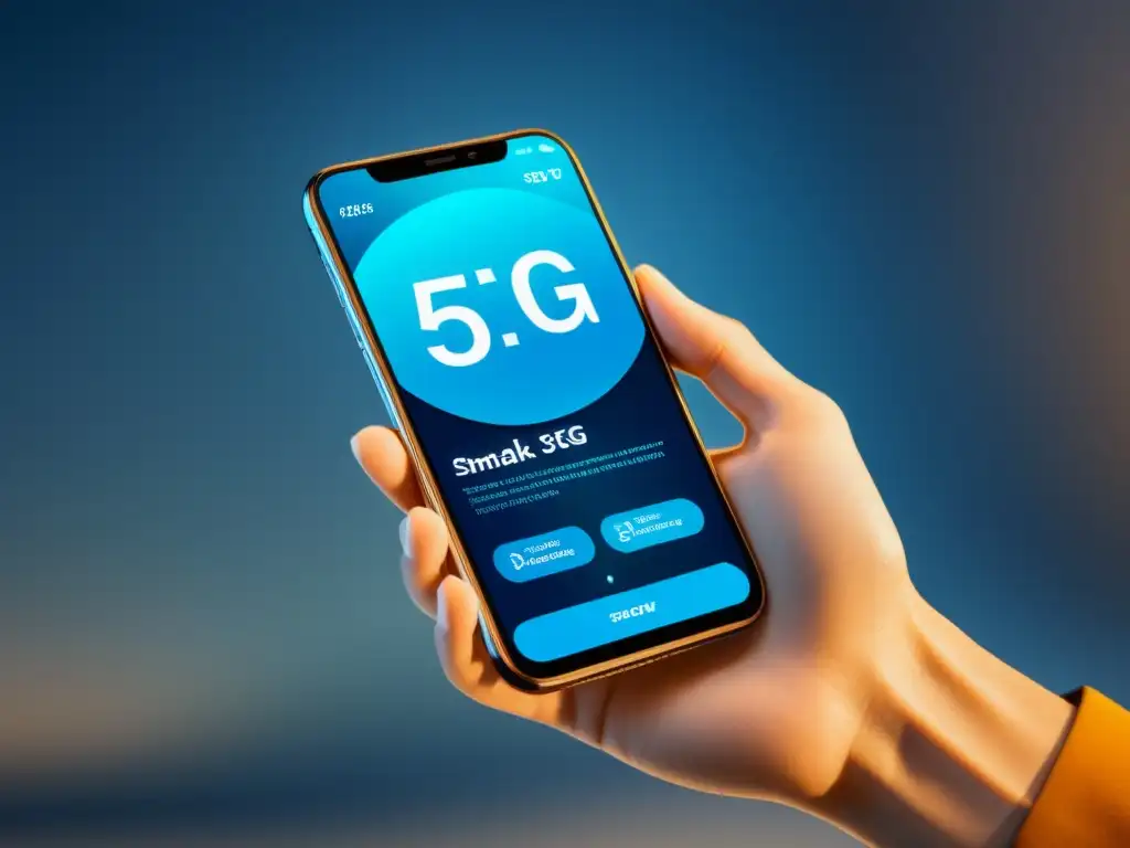 Interfaz de compra online futurista y minimalista en un smartphone, mostrando la eficiencia del 5G en el comercio electrónico