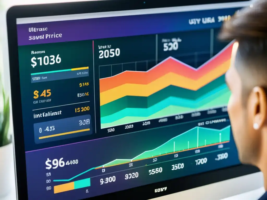 Interfaz digital detallada con algoritmos de precios dinámicos en envíos, visualizaciones de datos y gráficos coloridos